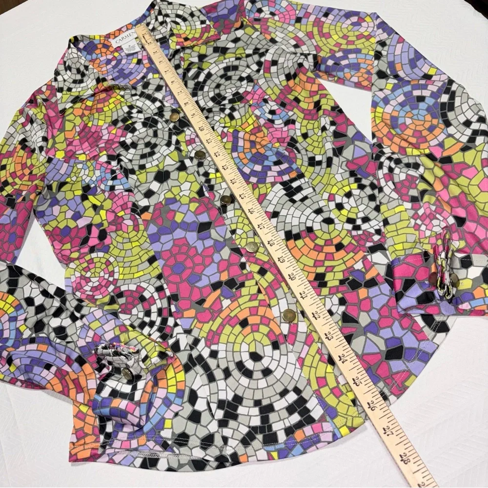 Carmen Marc Valvo Mosaic Print Button Front Blouse Stretch Long Sleeve Size Med - Picture 5 of 8